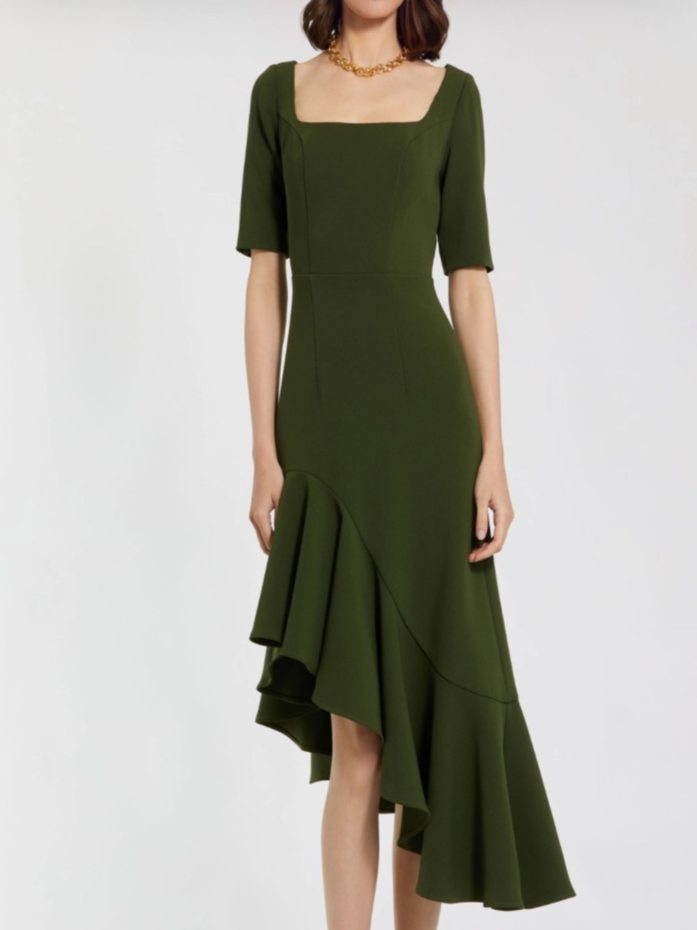 Mac Duggal Olive Green Square-Neck Asymmetric Ruffle Dress